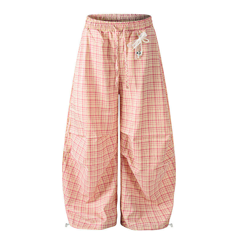 REINAREA New Spring Summer Women's Plaid Curved Pants Pleated Elastic Waist Trousers