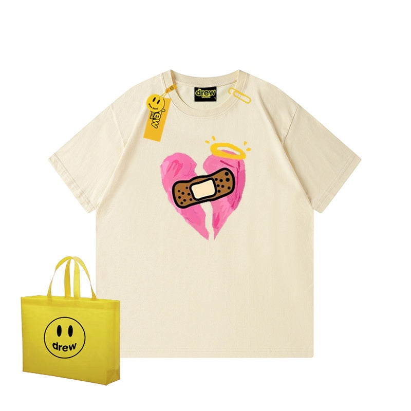 REINAREA Unisex Heart Print Short-Sleeve T-Shirt - Street Trendy Loose-Fit 100% Cotton Couple Top【074】