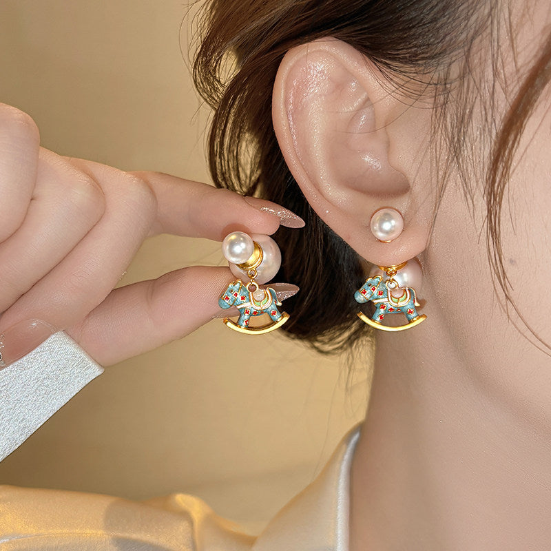 REINAREA Red Pony Pearl Earrings for Women New Year Studs & Clip-Ons, Gorgeous Statement Jewelry【105】