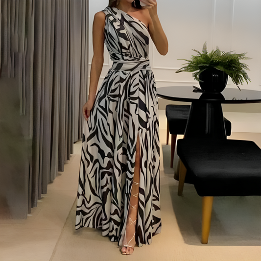 White Black Zebra Print Asymmetrical Front Slit Maxi Dress
