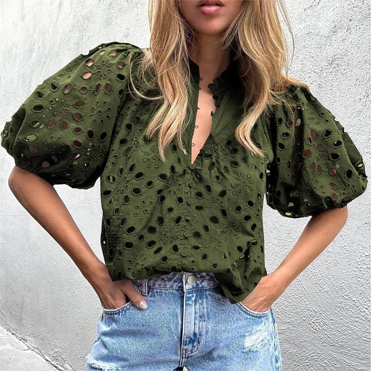 Lined Embroidered Cutout Lantern Sleeve Shirt