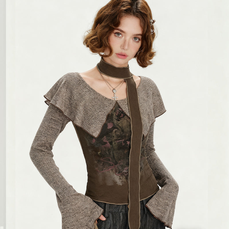 REINAREA Vintage Printed Wide-Collar Long-Sleeve T-Shirt - Y2K-Inspired Stylish Fitted Top