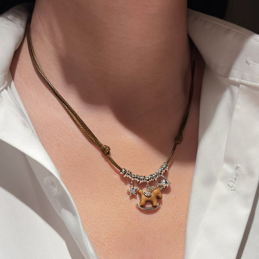 REINAREA Leather Cord Pony Necklace for Unisex Luxury High-End Sweater Chain Accessory Pendant【060】