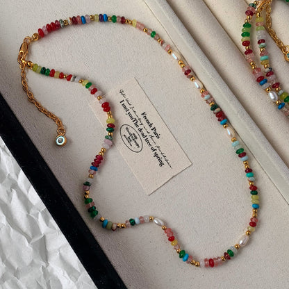 REINAREA Women’s Natural Pearl & Rainbow Stone Dopamine Beaded Necklace - Autumn & Winter Clavicle & Sweater Chain【059】