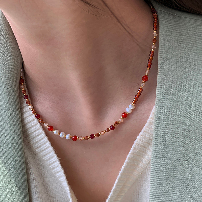 REINAREA Women’s Natural Pearl & Rainbow Stone Dopamine Beaded Necklace - Autumn & Winter Clavicle & Sweater Chain【059】