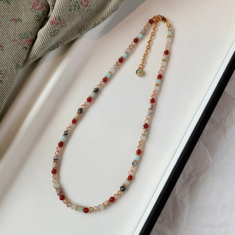 REINAREA Women’s Natural Pearl & Rainbow Stone Dopamine Beaded Necklace - Autumn & Winter Clavicle & Sweater Chain【059】