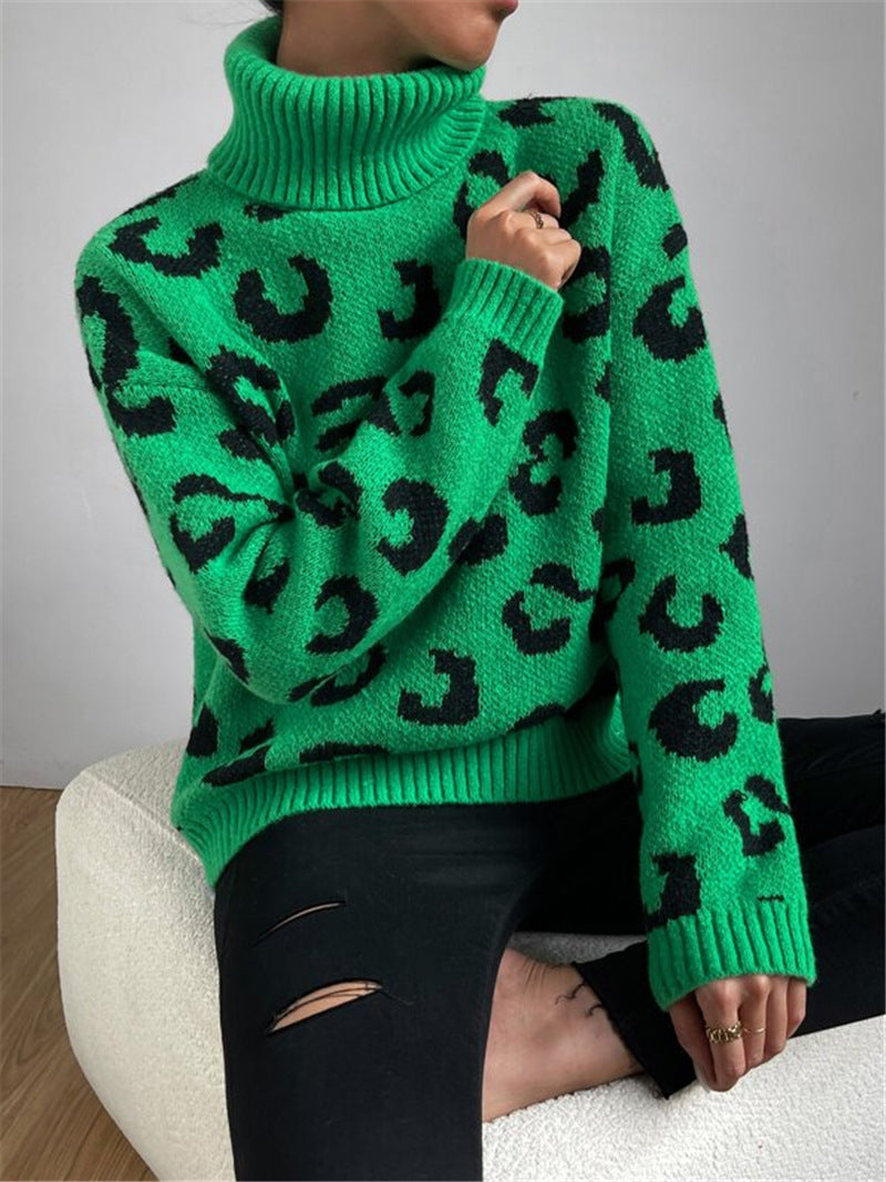 Casual Leopard Pattern Turtleneck Sweater