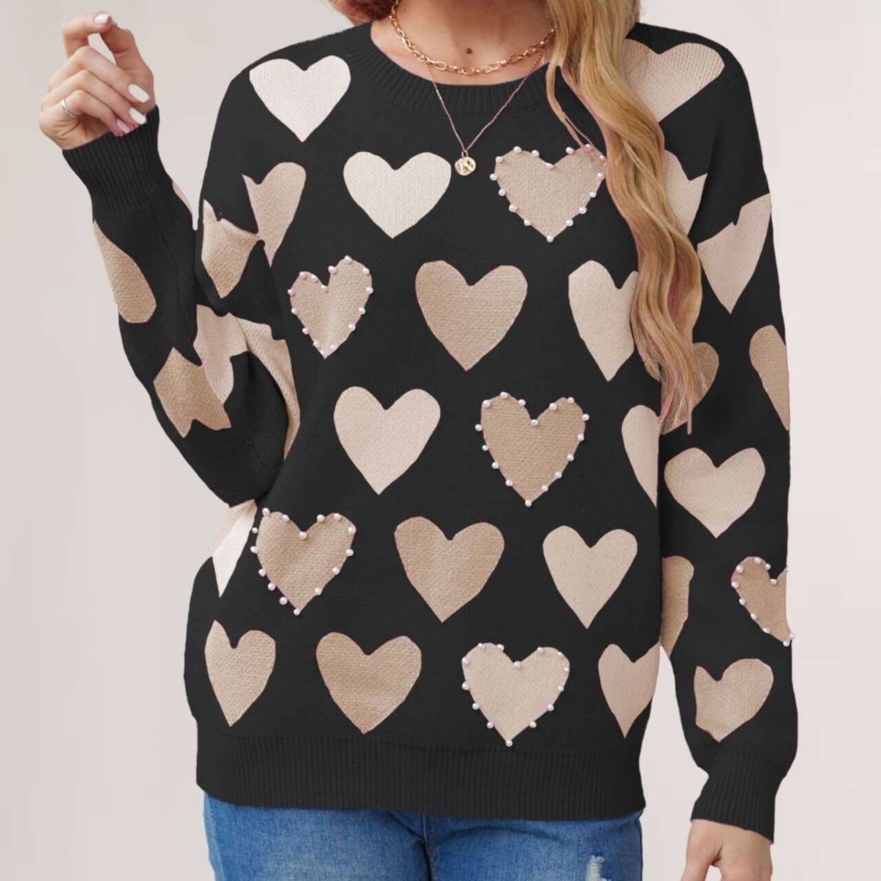 Valentine's Day Heart Pullover Round Neck Hand-Beaded Knitted Women's Sweater