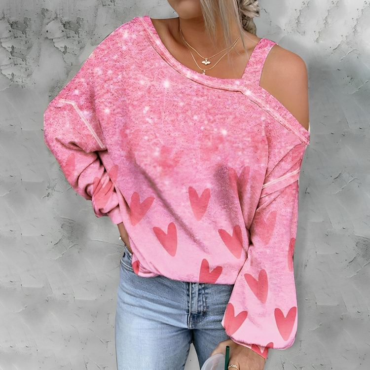 Valentine's Day Heart Print Cold Shoulder Top