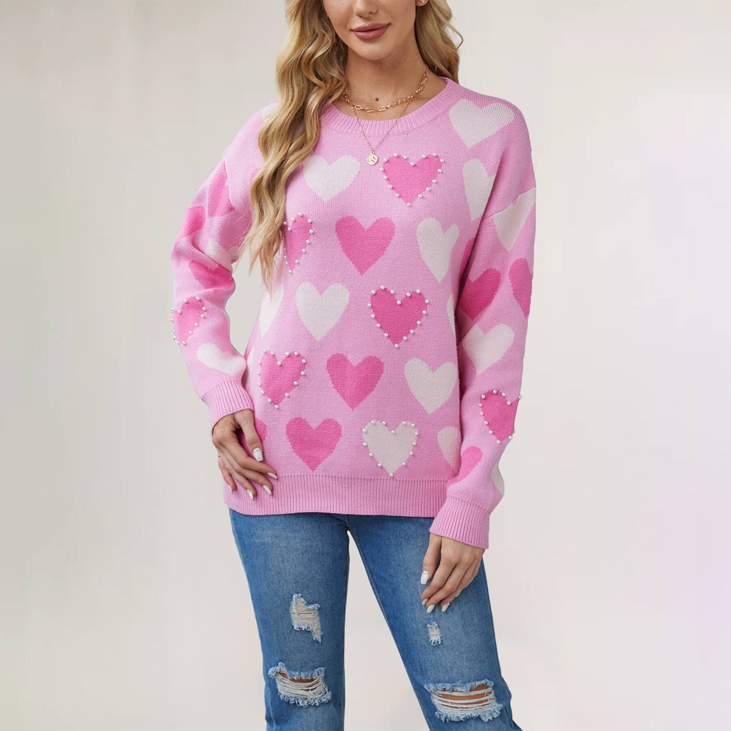 Valentine's Day Heart Pullover Round Neck Hand-Beaded Knitted Women's Sweater