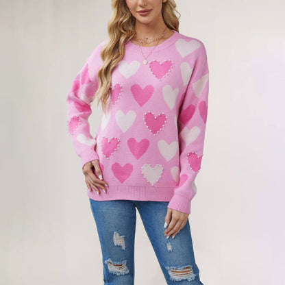 Valentine's Day Heart Pullover Round Neck Hand-Beaded Knitted Women's Sweater