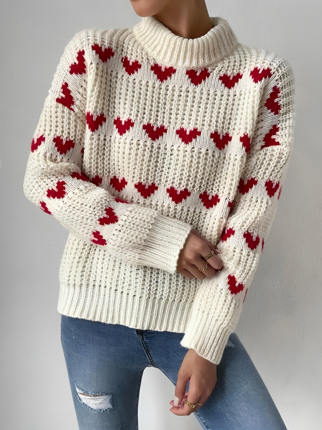 Casual slight stretch heart jacquard ribbed sweater