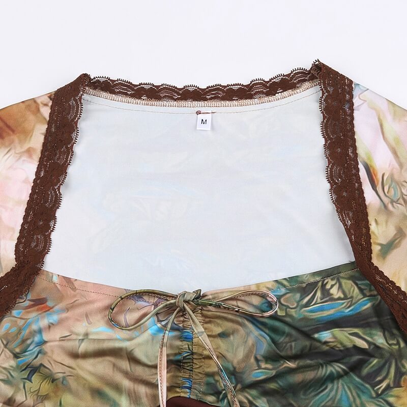 Retro Brown Printed Lace Stitching V-Neck Thin T-Shirt