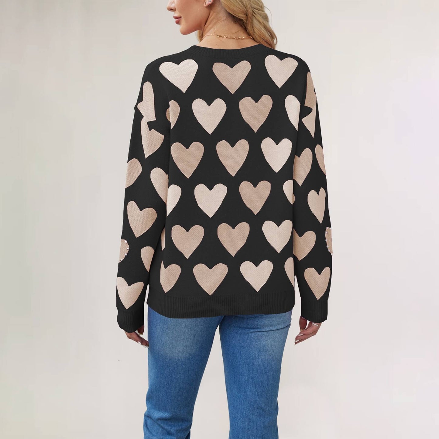 Valentine's Day Heart Pullover Round Neck Hand-Beaded Knitted Women's Sweater