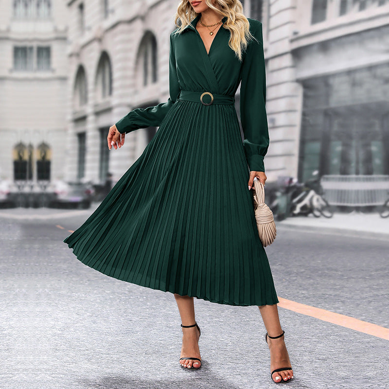 Lantern Sleeve Pleated Hem Dress Without Belt