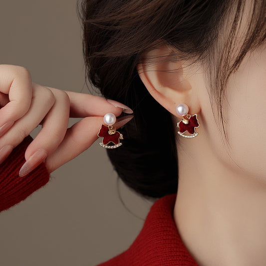 REINAREA Red Pony Pearl Earrings for Women New Year Studs & Clip-Ons, Gorgeous Statement Jewelry【105】