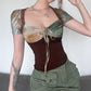 Retro Brown Printed Lace Stitching V-Neck Thin T-Shirt