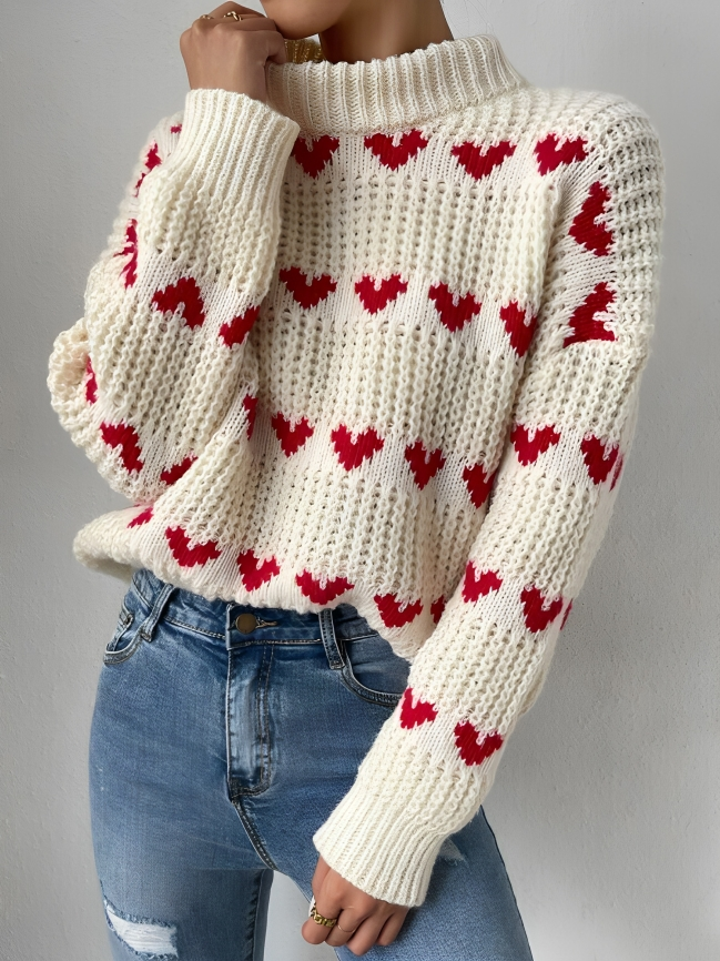 Casual slight stretch heart jacquard ribbed sweater