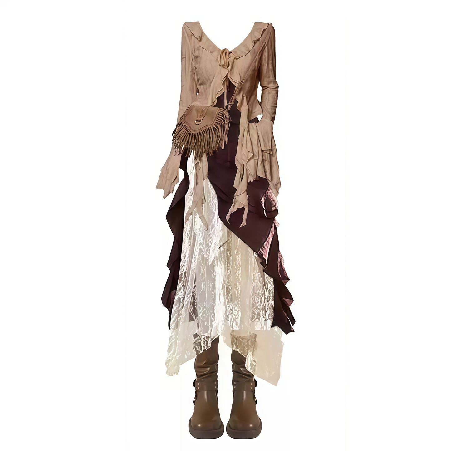 REINAREA | Vintage Wasteland Style Top | Irregular Ruffled Cami Dress Lace Midi Skirt | 3Pcs Grunge Y2K Layered Outfit Set