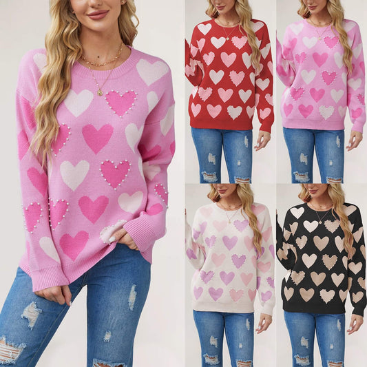 Valentine's Day Heart Pullover Round Neck Hand-Beaded Knitted Women's Sweater