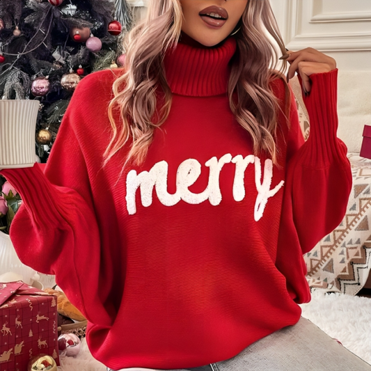 Merry Printed Dolman Sleeve Turtleneck Knitted Sweater