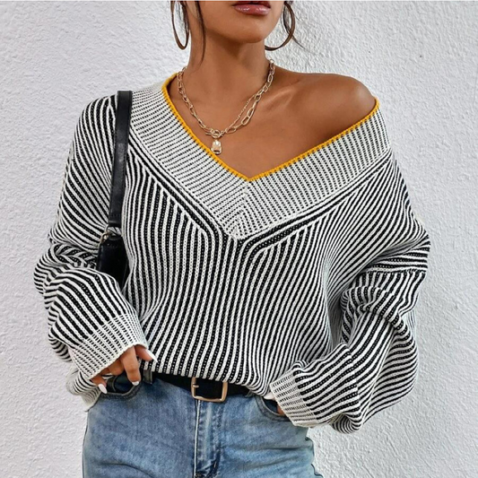 Striped V Neck Patterned Sweater