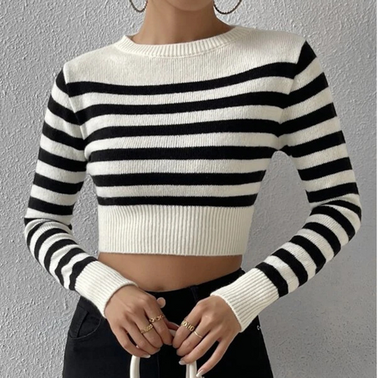 Striped Pattern Ribbed Knit Sweater
