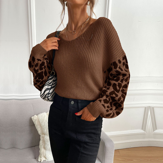 Leopard Print Patchwork Pullover Sweater