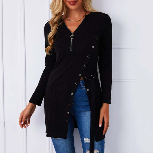 Elegant High Slit Slim Zip V-Neck Top