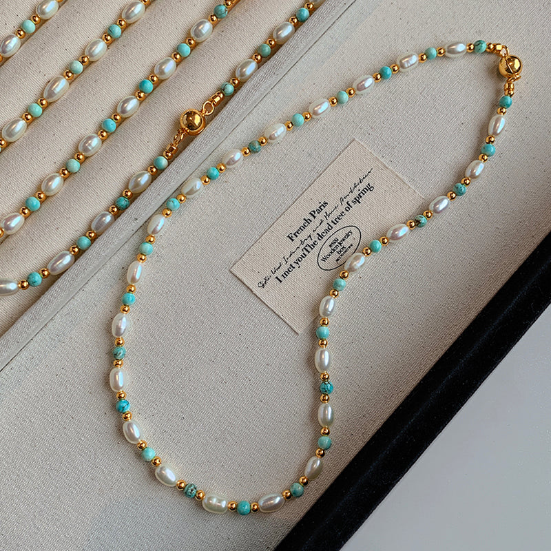 REINAREA Women’s Natural Pearl & Rainbow Stone Dopamine Beaded Necklace - Autumn & Winter Clavicle & Sweater Chain【059】