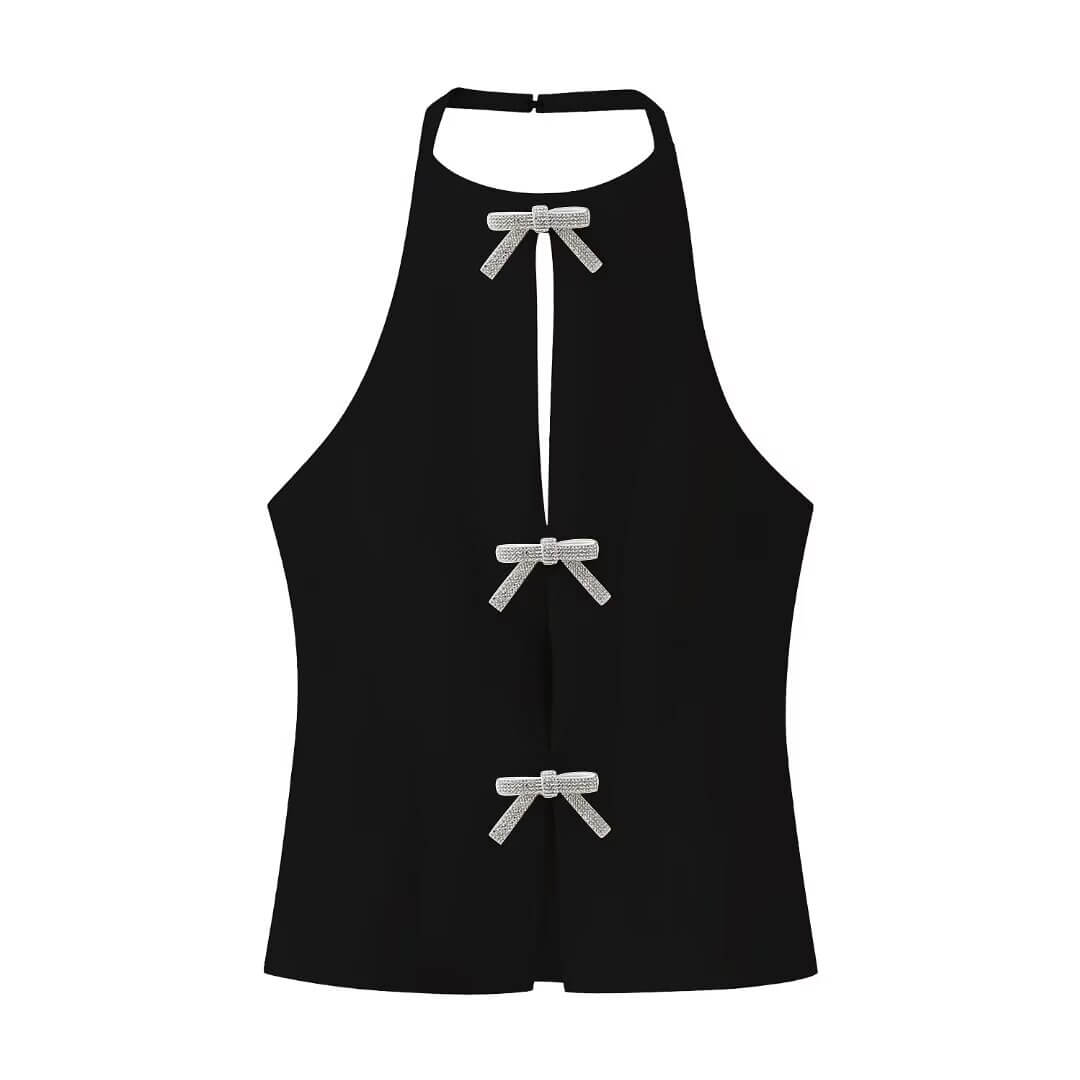 Spring New Jeweled Bow Tie Neck Tank Top