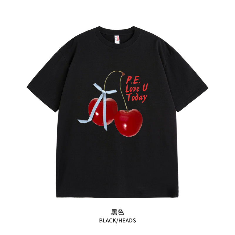 Women's Graphic Tee - Short Sleeve Cherry Bow Letter Print Round Neck T-Shirt - Summer Dopamine Top - Colorful & Playful Style