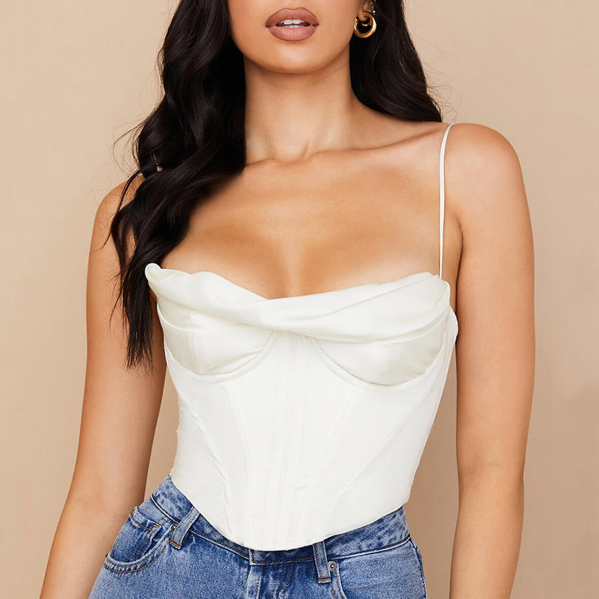 Sexy Stacked Neck Satin Fishbone Chest Pad Tank Top