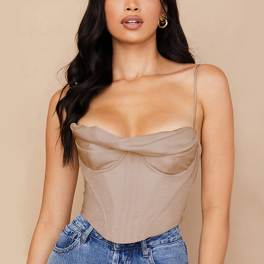 Sexy Stacked Neck Satin Fishbone Chest Pad Tank Top