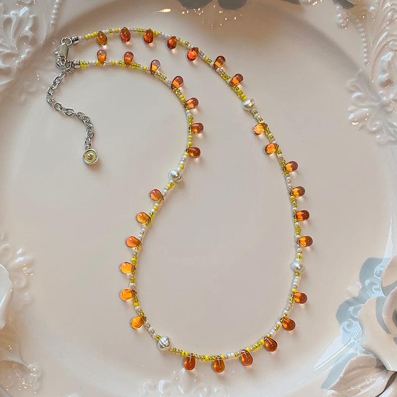 REINAREA Women’s Natural Pearl & Rainbow Stone Dopamine Beaded Necklace - Autumn & Winter Clavicle & Sweater Chain【059】