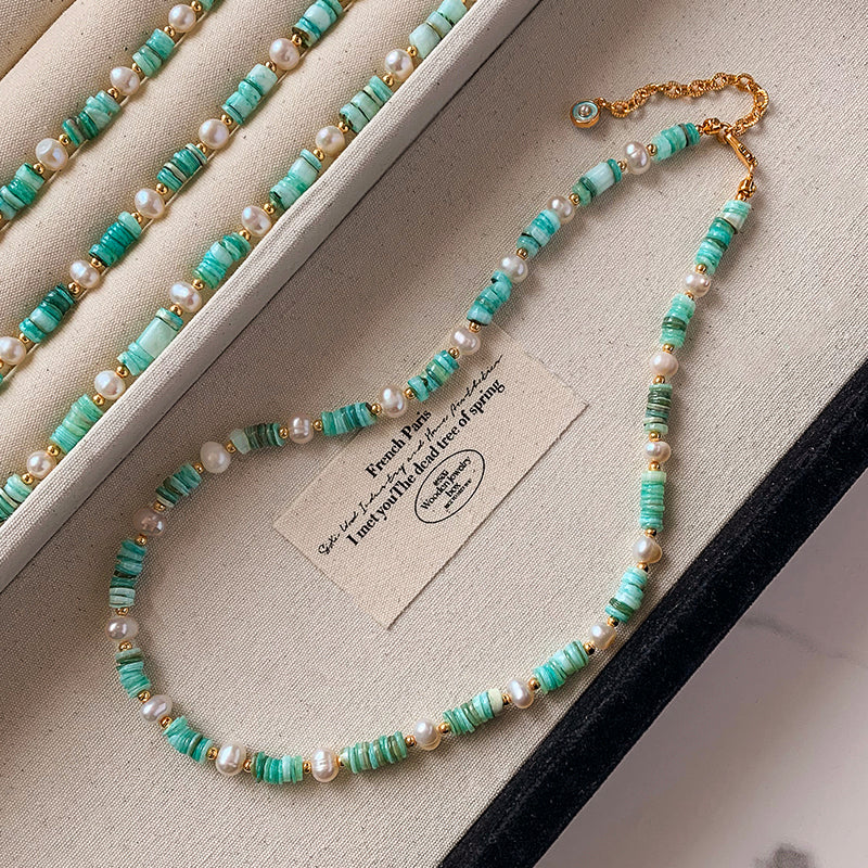 REINAREA Women’s Natural Pearl & Rainbow Stone Dopamine Beaded Necklace - Autumn & Winter Clavicle & Sweater Chain【059】