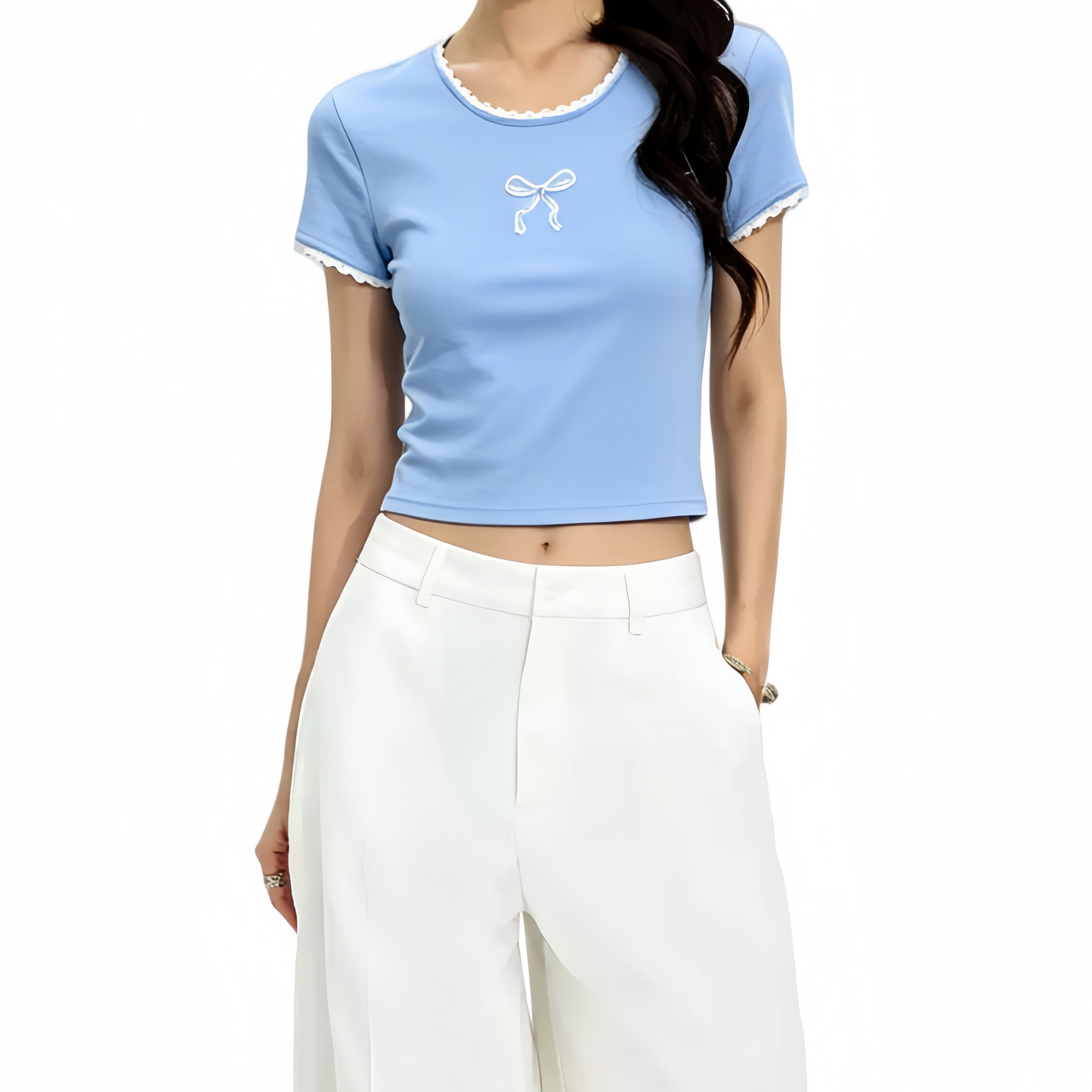REINAREA | Women Lace Trim Crew Neck Crop T-Shirt | Bow Embroidery Slim Fitted Y2K Short Sleeve Top