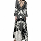 REINAREA | Vintage Boho Black White Print Maxi Dress | Deep V Neck Bell Sleeve Waist Cinched A Line Long Dress | Elegant Vacation Beach Dress 2026