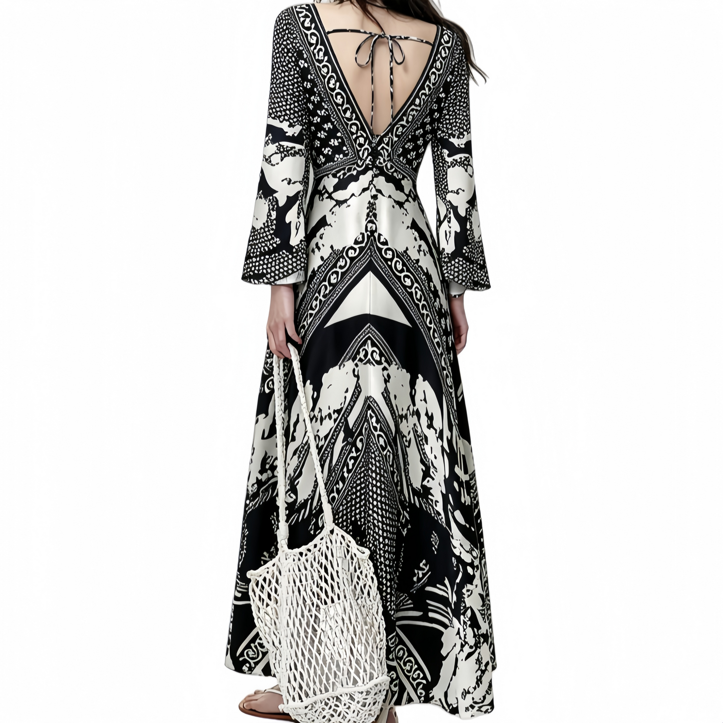 REINAREA | Vintage Boho Black White Print Maxi Dress | Deep V Neck Bell Sleeve Waist Cinched A Line Long Dress | Elegant Vacation Beach Dress 2026