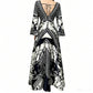 REINAREA | Vintage Boho Black White Print Maxi Dress | Deep V Neck Bell Sleeve Waist Cinched A Line Long Dress | Elegant Vacation Beach Dress 2026