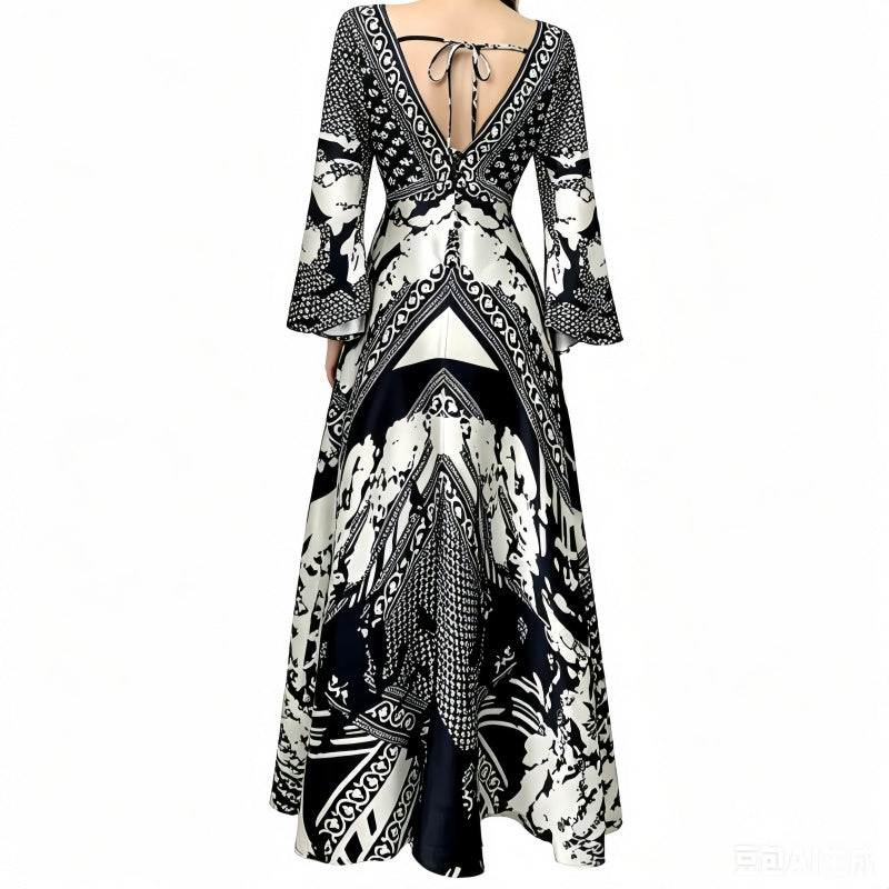 REINAREA | Vintage Boho Black White Print Maxi Dress | Deep V Neck Bell Sleeve Waist Cinched A Line Long Dress | Elegant Vacation Beach Dress 2026