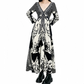 REINAREA | Vintage Boho Black White Print Maxi Dress | Deep V Neck Bell Sleeve Waist Cinched A Line Long Dress | Elegant Vacation Beach Dress 2026