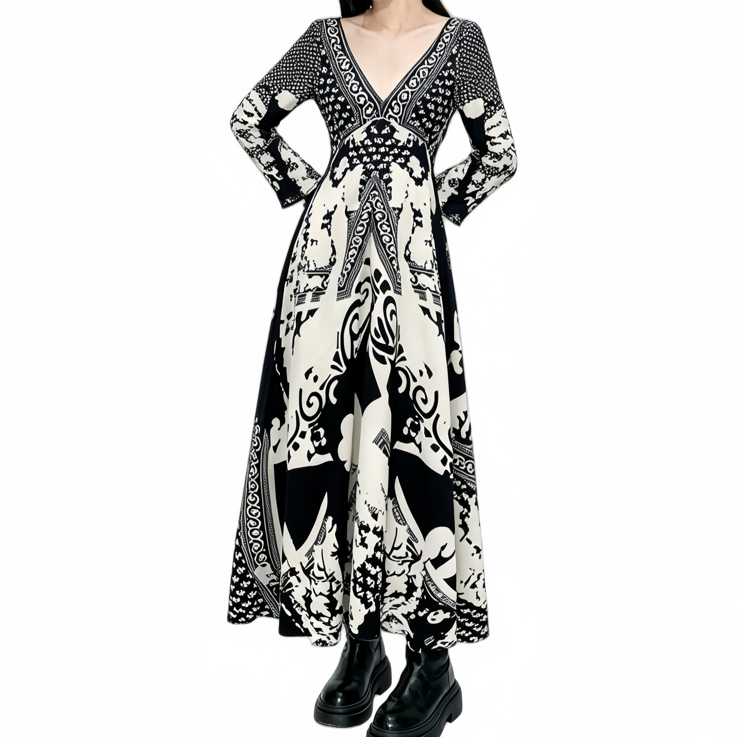 REINAREA | Vintage Boho Black White Print Maxi Dress | Deep V Neck Bell Sleeve Waist Cinched A Line Long Dress | Elegant Vacation Beach Dress 2026