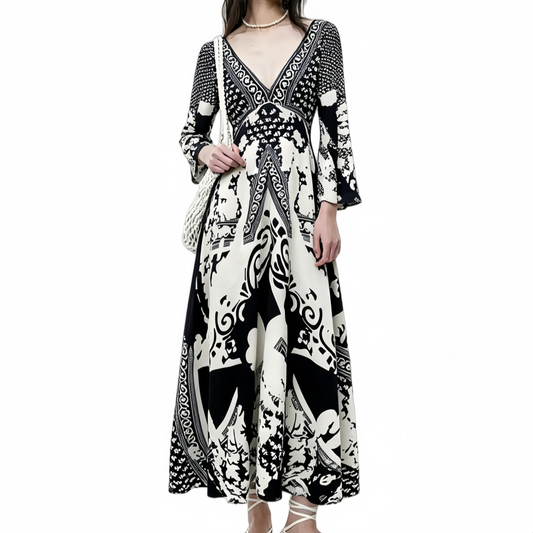 REINAREA | Vintage Boho Black White Print Maxi Dress | Deep V Neck Bell Sleeve Waist Cinched A Line Long Dress | Elegant Vacation Beach Dress 2026