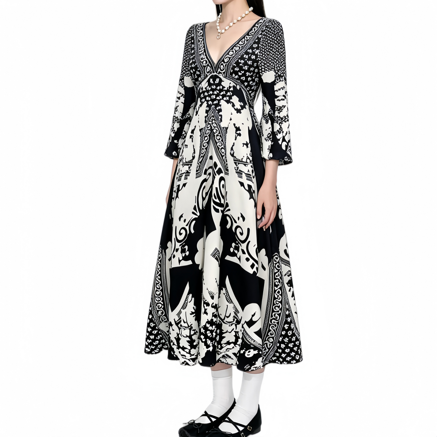 REINAREA | Vintage Boho Black White Print Maxi Dress | Deep V Neck Bell Sleeve Waist Cinched A Line Long Dress | Elegant Vacation Beach Dress 2026