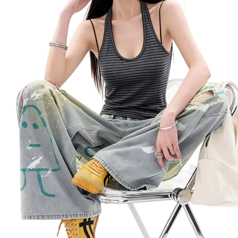 REINAREA | Women Striped Ribbed Halter Tank Top | U Neck Backless Slim Fit Cropped Layering Cami