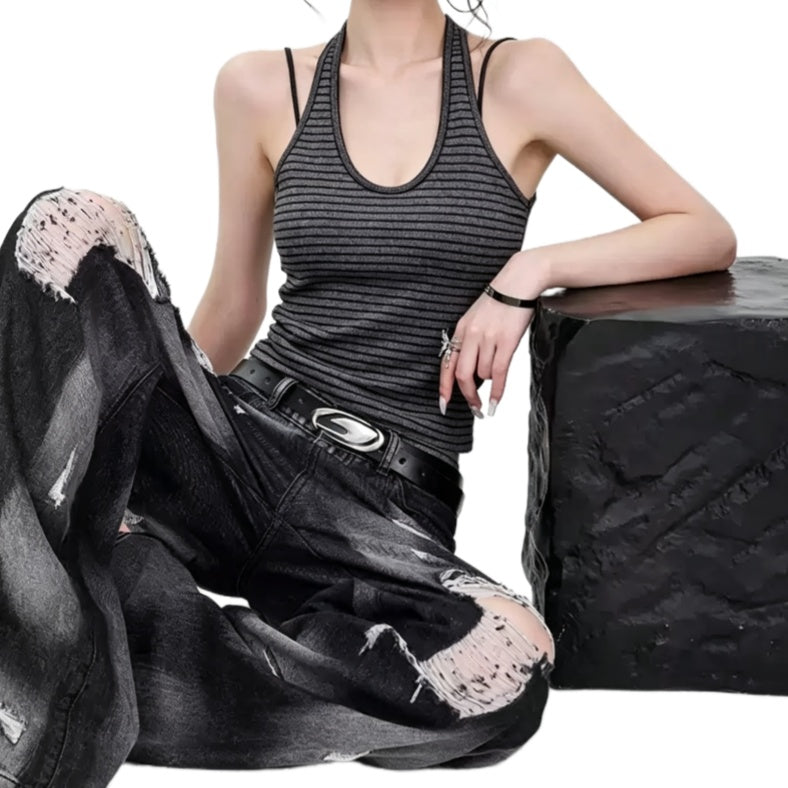 REINAREA | Women Striped Ribbed Halter Tank Top | U Neck Backless Slim Fit Cropped Layering Cami