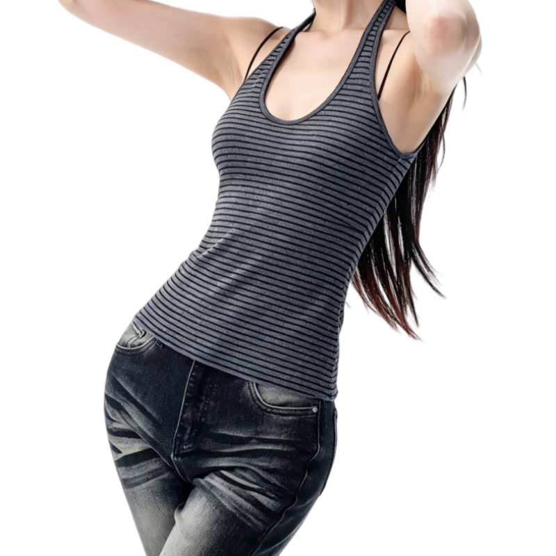REINAREA | Women Striped Ribbed Halter Tank Top | U Neck Backless Slim Fit Cropped Layering Cami