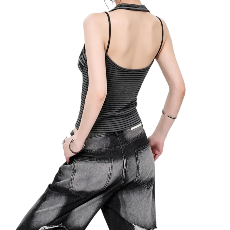 REINAREA | Women Striped Ribbed Halter Tank Top | U Neck Backless Slim Fit Cropped Layering Cami