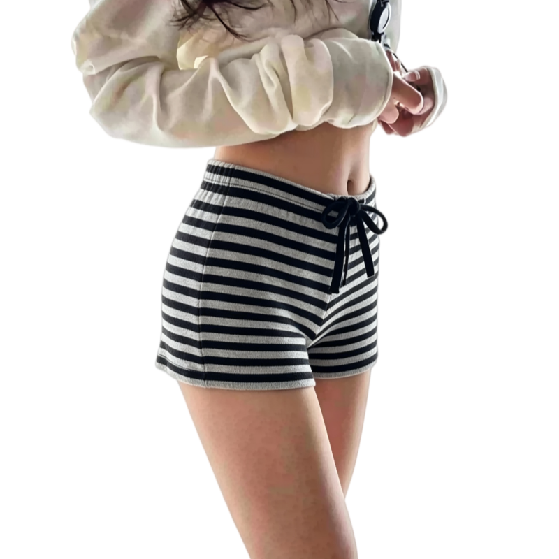 REINAREA | Women Striped Lace Trim Casual Shorts | Elastic Waist Button Front Loose Summer Lounge Shorts